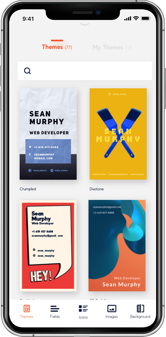 Themes tab on the Betacard app showing a variety of card design templates with a search bar for easy filtering