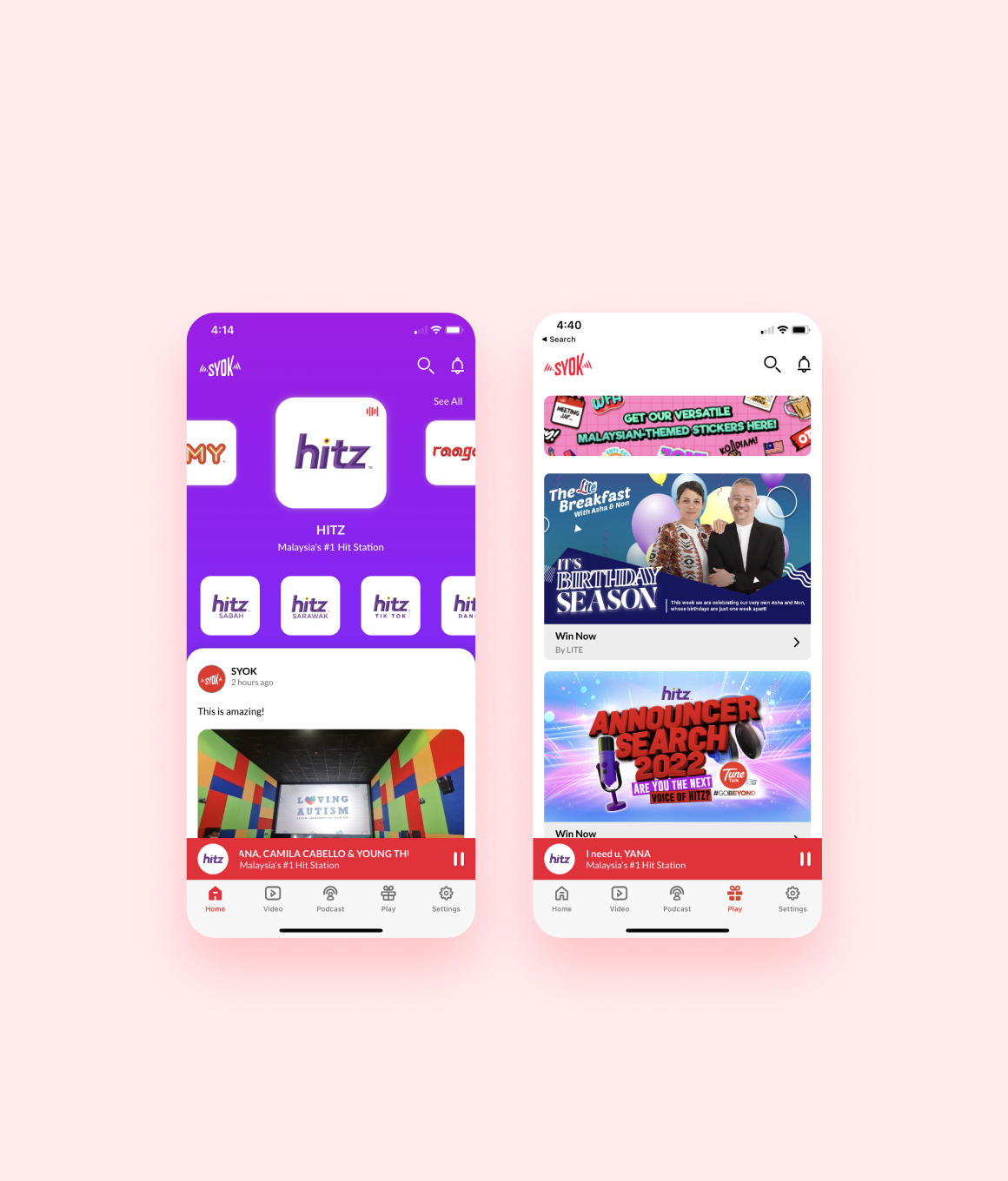 SYOK app showcasing the home page and play page