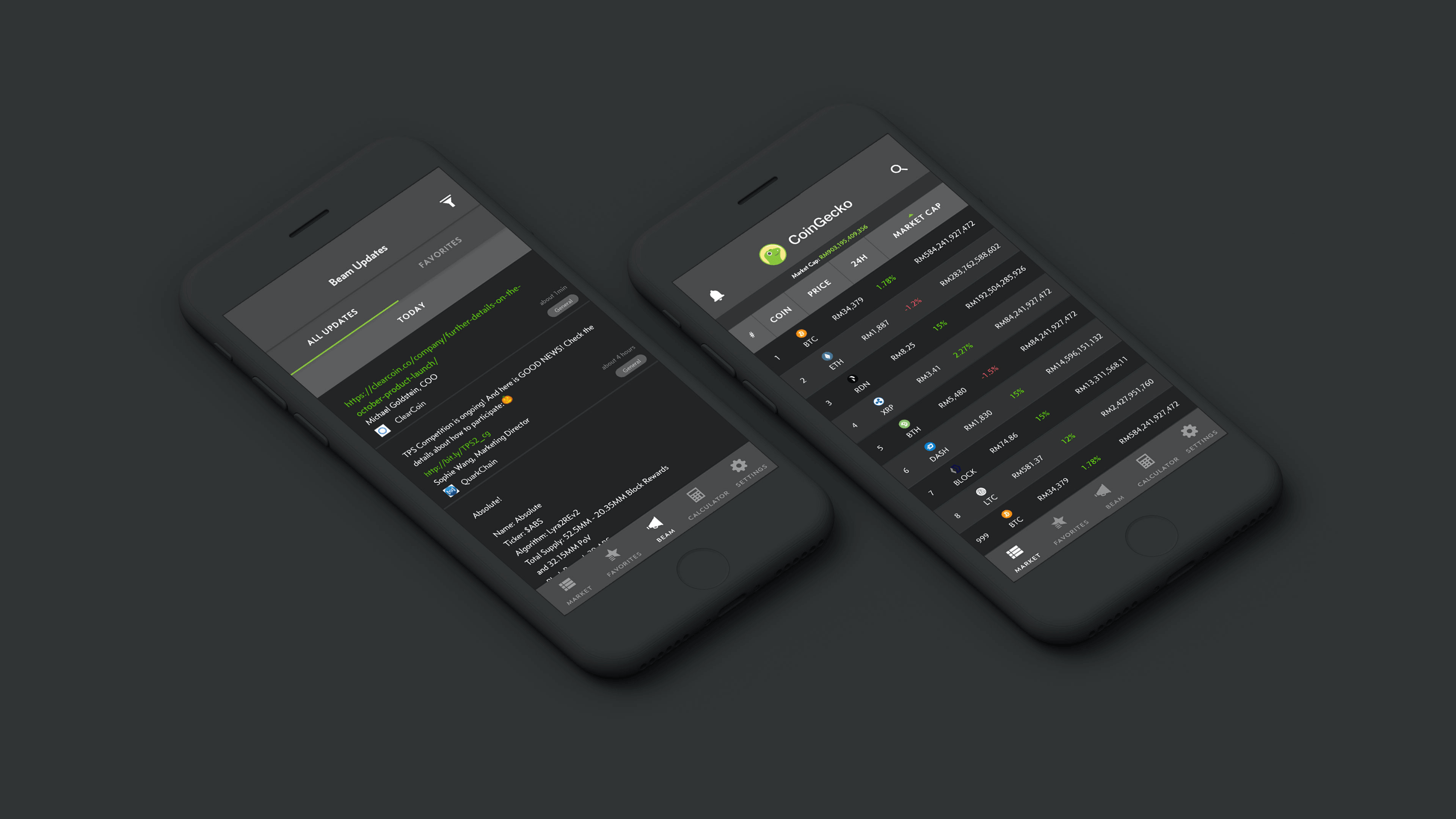 A stylistic arrangement of three views of the CoinGecko app, featuring the Explore tab, the Derivatives tab, and the Market tab.