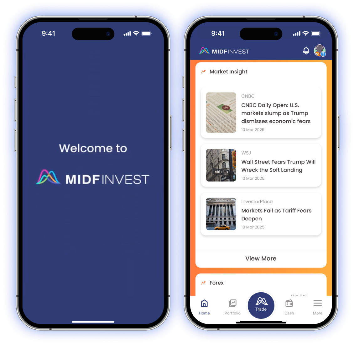 Screenshot of the MIDF Invest mobile app a trader platform offering selection of US stocks and ETFs